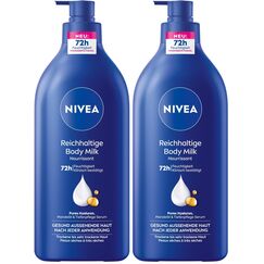 NIVEA Reichhaltige Body Milk, intensiv pflegende Körpercreme mit purem Hyaluron, Mandelöl und Tiefenpflege Serum, Lotion für trockene Haut (625 ml) (Packung mit 2)