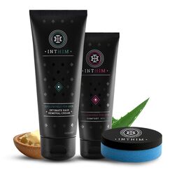IntHim Enthaarungscreme Intimbereich Männer Doppelpack – Sanfte, gründliche Haarentfernungcreme ohne Rasur + DermaClean Pro Schwamm + Männer After Shave