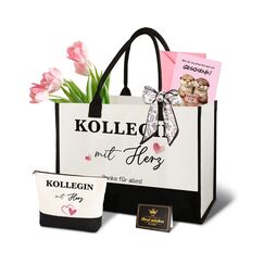 Giftota Geschenk für Kollegin mit Herz – Dankeschön Abschiedsgeschenk Kollegen Jobwechsel Set mit Tasche, Kosmetiktasche, Karte – Kollegen Abschiedsgeschenk Frauen Büro Freundschaft Geburtstag Danke