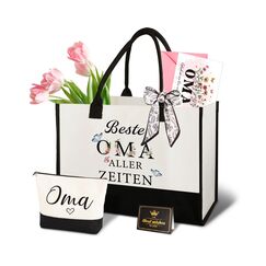 Giftota Oma Geschenk, Geschenk für Oma – Muttertagsgeschenk für Großmutter Geburtstag, Canvas Einkaufstasche & Kosmetiktasche, Grußkarte – Geschenkidee für Großmutter Geburtstag, Weihnachten Muttertag
