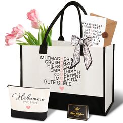 Giftota Geschenkset für Hebamme mit Tasche, Kosmetiktasche & Karte – Dankeschön Geschenk zur Geburt oder zum Abschied, liebevolles Geschenk Hebamme mit Herz, Mutmacherin Großherzig & Empathisch