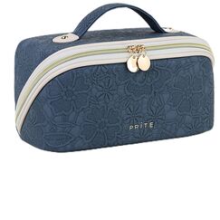 Prite Große Kapazität Kosmetiktasche Tragbare Reise Make Up Tasche wasserdichte PU-Leder Schminktasche oder Kulturbeutel mit Transparente Trenner und Griff (Blaue Blume L)