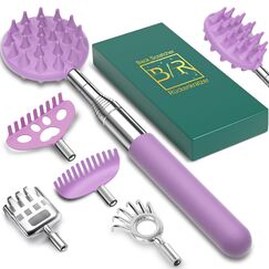 Rückenkratzer Ausziehbarer mit 5 abnehmbaren Kratzköpfen, Verstärktem Griff aus Edelstahl, im Geschenkset – ideal für Männer, Väter und Frauen (Lila)