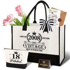 Giftota 18. Geburtstag Geschenk Mädchen – Vintage 2008 Canvas Einkaufstasche Tragetasche & Kosmetiktasche Set mit Grußkarte – 18. Geburtstagsgeschenk für Tochter, Schwester oder Nichte für Frauen