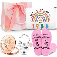 Shining She 70. Geburtstag Frau Geschenk Set, Geschenke für 70 Jährige Frauen mit 1956 Kosmetiktasche, 70. Schlüsselanhänger, 70. Rosa Socken und Kosmetikspiegel Beste Oma Geschenk