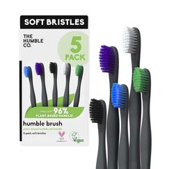 The Humble Co. Schwarze Zahnbürste auf Pflanzenbasis (5 Stück) veganes, weiches Zahnbürsten-Set mit BPA-freien Borsten, beste Zahnbürste für überlegene Mundpflege und hervorragende Zahnreinigung (5