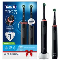 Oral-B Pro 3 2 x elektrische Zahnbürsten für Erwachsene, 2 Griffe & 2 Cross-Action-Zahnbürstenköpfe, 3 Modi mit Zahnaufhellung, 2-poliger UK-Stecker, 3900, Schwarz