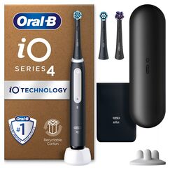 Oral-B iO 4 schwarze elektrische Zahnbürste, 3 Zahnbürstenköpfe, 1 Reiseetui, entworfen von Braun