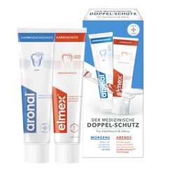 aronal & elmex Zahnpasta Doppel-Schutz 2x75ml – medizinische Zahnreinigung mit doppeltem Schutz für Zahnfleisch und Zähne – stärkt die Zähne gegen Karies für morgens und abends