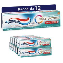 Aquafresh Multi-Action-Zahnpasta, Schutz gegen Karie, gesundes Zahnfleisch, frischer Atem, starker Nagellack, gegen Plaque und Flecken, Extra Fresh, Packung mit 12 x 75 ml