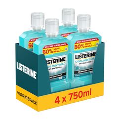 LISTERINE Cool Mint Mild (4 x 750 ml), antibakterielle Mundspülung mit ätherischen Ölen & ohne Alkohol, mildes Zahnpflege Mundwasser, reduziert Zahnbelag, bekämpft wirksam Mundgeruch