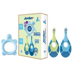 Jordan* ® | Step 0 Beißring & Trainingszahnbürste | BPA-frei, hygienisch, 2-in-1-Lösung für Zahnen und frühes Zähneputzen für Babys | 1 Beißring + 2 Step 1 Baby-Zahnbürste | Blau
