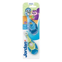 Jordan ® | Step 1 Baby Zahnbürste | Baby Zahnbürste 0-2 Jahre | Die Original Kleinkindzahnbürste mit extra weichen Borsten und weichem Beißring für Babygummis und Easy Grip | Blau und Grün | 2-pack