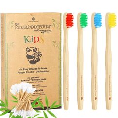 BAMBOOGALOO Kids Bambus Zahnbürsten | Bio & Umweltfreundlich | 4er Pack mit kostenlosen Bambus Wattestäbchen | Kinderzahnbürste aus Naturholz | Weiche BPA-freie Borsten | Biologisch abbaubare Box