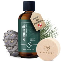 Alpenherz Zirbenöl 100 ml mit Duftstein aus Zirbenholz - 100% naturrein ätherisches Zirbelkieferöl aus Österreich Duftöl Raumduft Duftlampe Zirbenwürfel Diffuser Zirbe Zirbelkiefer Öl
