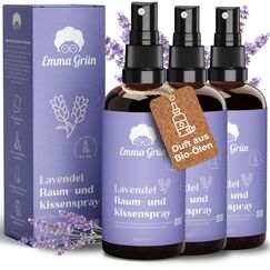 Emma Grün® Lavendelspray & Kissenspray 3x 100ml [BIO-QUALITÄT] - Lavendelspray für Kopfkissen - Mit Naturreinem Lavandula Angustifolia - Lavendel Kissenspray zum Einschlafen - Lavendelöl Spray