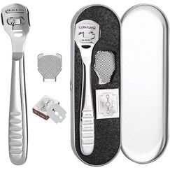 Hornhautentferner Fußschaber – Edelstahl Hornhauthobel Fußfeile Hornhautraspel Harte Haut Hornhaut Entferner Fußraspel Pediküre Fußpflege Werkzeug mit 10 Ersatzklingen für Nasse&Trockene Füße Silber