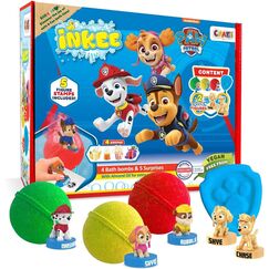 INKEE Geschenkbox PAW PATROL - Box mit 4 Kinder Badebomben mit Mandelöl, enthält 5 verschiedene Pawpatrol Figuren zum Sammeln - Badekugeln Kinder mit Überraschung
