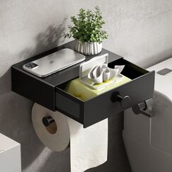 VOLDRA Toilettenpapierhalter Ohne Bohren, Klopapierhalter Mit Feuchttücherbox Klorollenhalter mit Schublade Ablage Papier Halterung für Wc & Bad-Wandhalterung(Matt-schwarz)