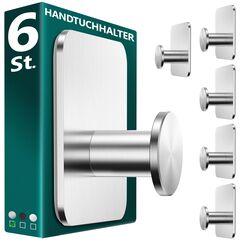 Menz Handtuchhalter ohne Bohren in Silber, 6 Stück – Robuste Badezimmer Handtuchhalter, moderne Klebehaken, Haken fürs Bad, Haken selbstklebend, ideal als funktionale Handtuchhaken