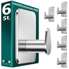 Menz Handtuchhalter ohne Bohren in Silber, 6 Stück – Robuste Badezimmer Handtuchhalter, ovale Klebehaken, Haken fürs Bad, Haken selbstklebend, ideal als funktionale Handtuchhaken