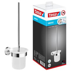 tesa SMOOZ WC-Garnitur, satiniertes Glas und verchromter Edelstahl - Toilettenbürsten-Set zur Wandbefestigung ohne Bohren, inkl. Klebelösung - 137 mm x 97 mm x 410 mm
