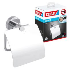 tesa SMOOZ Toilettenpapierhalter mit Deckel, verchromt - WC-Rollenhalter zur Wandbefestigung ohne Bohren, inkl. Klebelösung - 145mm x 130mm x 54mm