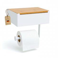 Pandonix® Toilettenpapierhalter mit Feuchttücherbox - Edelstahl & Bambus - Toilettenpapierhalter ohne Bohren - Weiß - klopapierhalter mit feuchttücherbox