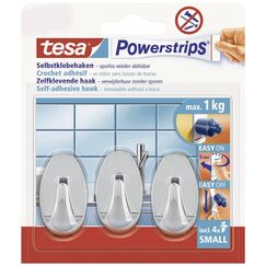tesa Powerstrips Haken Small OVAL - Selbstklebender Wandhaken für Glas, Kacheln, Holz, Kunststoff und andere Untergründe - Chrom