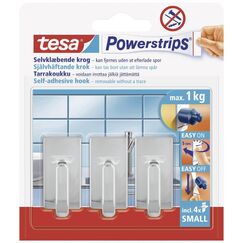 tesa Powerstrips Haken Small Classic - Selbstklebender Wandhaken für Glas, Kacheln, Holz, Kunststoff und andere Untergründe - Chrom, Klein