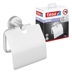 tesa Moon Toilettenpapierhalter mit Deckel, verchromt - WC-Rollenhalter zur Wandbefestigung ohne Bohren, inkl. Klebelösung - 53 mm x 140 mm x 128 mm