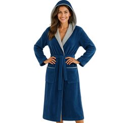 Morgenstern Bademantel Damen mit Kapuze 100% Baumwolle Frottee OEKO-TEX® Morgenmantel Leonie Blau Größe XL