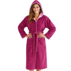 Morgenstern Bademantel Damen mit Kapuze 100% Baumwolle Frottee OEKO-TEX® Morgenmantel Leonie Fuchsia Größe S