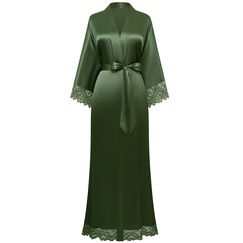BABEYOND Damen Morgenmantel Lang Einfarbiger Bademantel Spitzen Ärmel Seide Satin Kimono Kleid Damen Sommer Robe Reine Farbe Schlafmantel (Dunkelgrün)