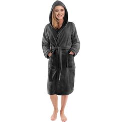 NY Threads Morgenmantel Damen mit Kapuze Fleece Plüsch Weich Bademantel Nachtwäsche Hausmantel (Klein,Dunkelgrau)