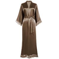 BABEYOND Satin-Kimono-Bademantel, seidig, lang, für Brautjungfer, Hochzeit, leichter Bademantel mit Spitzenbesatz, Kaffee, Einheitsgröße