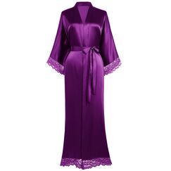 BABEYOND Damen Morgenmantel Lang Kurz Einfarbiger Bademantel Spitzen Ärmel Brautjungfer Kimono Satin Nachtwäsche Damen Sommer Robe Strickjacke Reine Farbe Schlafmantel (Dunkelviolett)