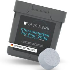 NASSWERK Langzeit Chlortabletten für Pool 200g (1kg bis 10kg) | Chlortabs 200g langsamlöslich zur Langzeitpflege | Chlor Tabletten Pool zur Desinfektion & Pflege | Clor Poolpflege Langzeittabletten