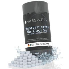 NASSWERK Mini Chlortabletten für Planschbecken 5g (1kg) | Chlortabs 5g schnelllöslich für Whirlpool & Pool | Reinigungstabletten zur Schockchlorung, Stoßchlorung & Dauerdosierung | Chlor Tabs klein