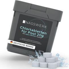 NASSWERK Langzeit Chlortabletten für Pool 20g (1kg bis 10kg) | Chlortabs 20g langsamlöslich für Whirlpool | Chlor Tabletten Pool zur Desinfektion & Pflege | Poolpflege Mini Tabs Langzeittabletten