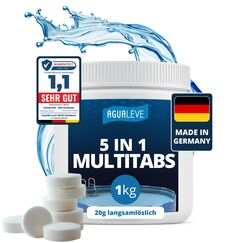 AGUALEVE® 5 in 1 Chlor Multitabs 20g langsamlöslich 1kg *NEU* | für Pools jeder Art ab 2500 Liter Wasser | Desinfektion, Algenschutz, Flockung, pH-Stabilisierung & Klareffekt | Made in Germany