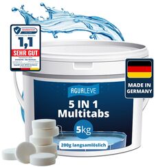 AGUALEVE® 5 in 1 Chlor Multitabs 200g langsamlöslich 5kg *NEU* | für Pools jeder Art ab 25.000 Liter Wasser | Desinfektion, Algenschutz, Flockung, pH-Stabilisierung & Klareffekt | Made in Germany