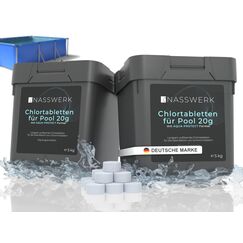 NASSWERK Pool Chlortabletten 20g (1kg bis 10kg) | Chlortabs 20g langsamlöslich zur Langzeitpflege | Chlor Langzeittabletten Pool zur Desinfektion & Pflege | Mini Pooltabletten Reinigungstabletten