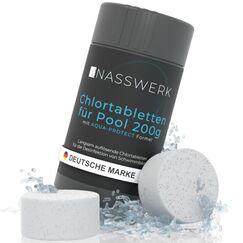 NASSWERK Langzeit Chlortabletten für Pool 200g (1kg bis 10kg) | Chlortabs 200g langsamlöslich zur Langzeitpflege | Große Pool Reinigungstabletten Langzeittabletten zur Desinfektion & Pflege | Pooltabs