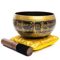HIMALAYAN BAZAAR Tibetisches Klangschalen-Set, 10,2 cm, einfach zu spielen, authentisch, handgefertigt für Meditation, Klang, 7 Chakra-Heilung (Schwarz/Gelb, 10,2 cm)
