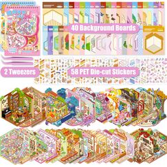 40 Stück 3D House Sticker Scene Set, Stickerbuch Wiederverwendbar, Sticker Therapy, DIY-Aufkleber für Basteln, with 58 PET Sticker, 40 Mminiatur Haus, 2 Pinzette, Relief Stress für Erwachsene Kinder
