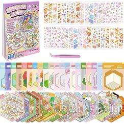 20 Stück 3D House Stickers Scene Set, Stickerbuch Wiederverwendbar, Sticker Therapy, DIY-Aufkleber für Basteln, with 26 PET Sticker, 20 Mminiatur Haus, 1 Pinzette, Relief Stress für Erwachsene Kinder