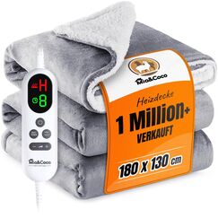 Mia&Coco Heizdecke mit Abschaltautomatik 180x130 cm, 10 Heizstufen, 9 Std. Auto-Off Timer, Überhitzungsschutz, maschinenwaschbar, elektrische Wärmedecke aus Flanell für Bett, Sofa & Wohnzimmer, Grau