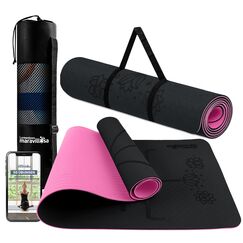 LA MENTE ES MARAVILLOSA - Gymnastikmatte, Rutschfest Yogamatte inkl. Tragegurt + Tasche + Übungs-E-Book, Gepolstert, Hautfreundliches TPE für Fitness/Pilates/Workout 183x61 cm (Blumen, Schwarz/Rosa)