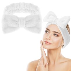 Spa Bowknot Stirnband Damen Spa Haarband Kosmetik, Coral Fleece Makeup Haarbänder Elastic, Cosmetic Stirnband Breitkrempe Korallenvlies Waschen Gesicht Kopfwickel für Dusche Hautpflege Sport(weiß)